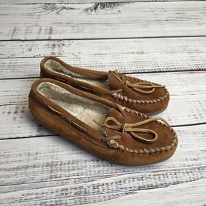 Minnetonka Moccasins Slippers Faux Fur‎ Lined Brown Leather Loafers Womens 10